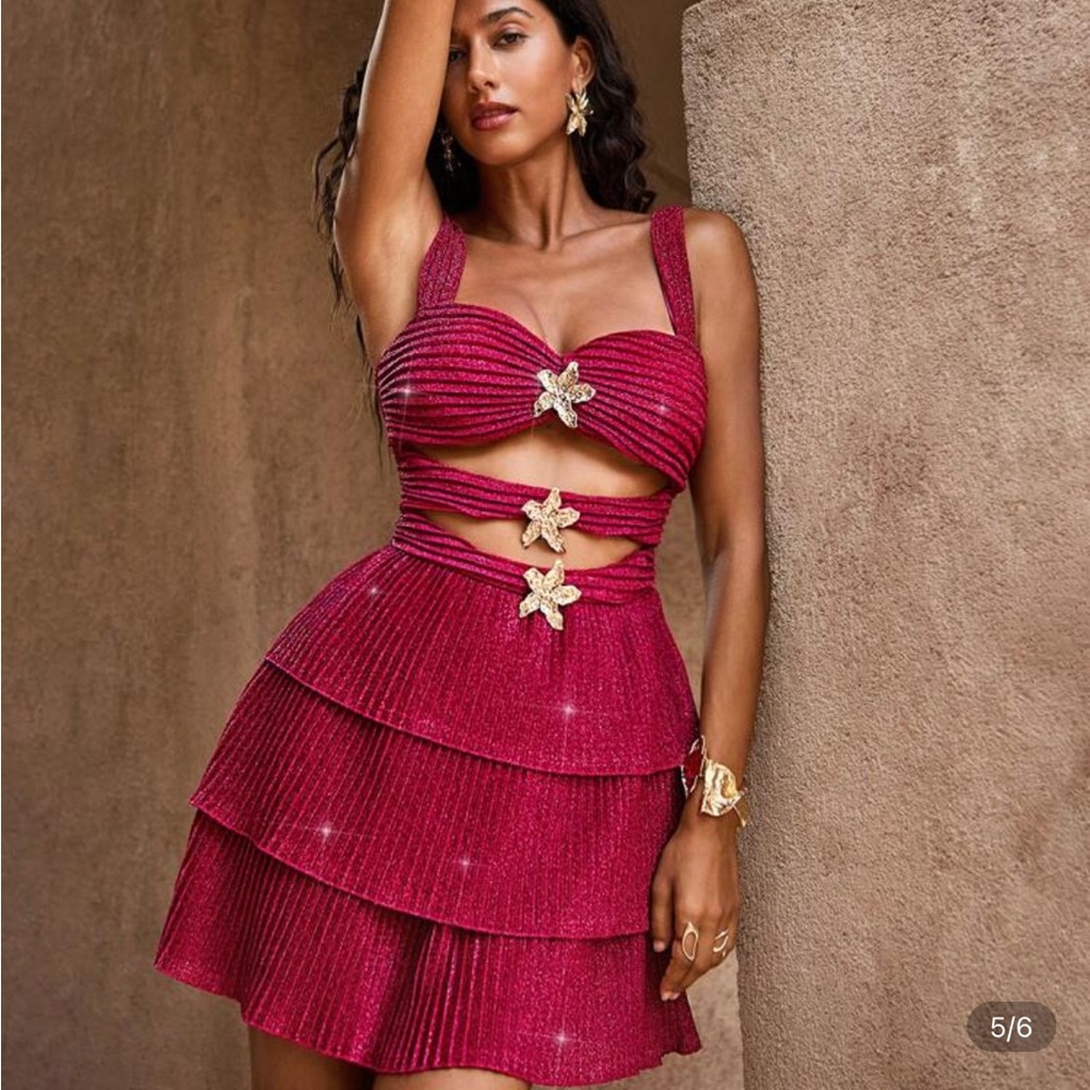 Opulessa Elegant Pink ruffle Layered mini dress - Picture 6 of 7